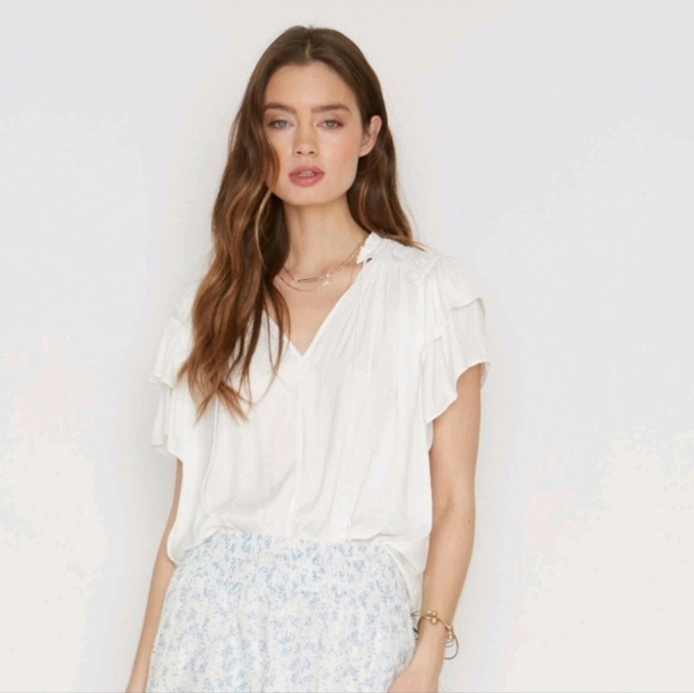 Caballero Kelsie Ruffled White Dot Blouse / Top, White, Small